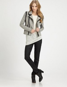 Marled cotton knit gets an edge in this biker-chic topper edged with rich leather trim.Foldover point collarLong sleevesAsymmetric front zipperChest zip pocketSide zip pocketsAbout 20 from shoulder to hem68% cotton/28% viscose/4% polythyleneDry clean by a leather specialistImportedModel shown is 5'10 (178cm) wearing US size 4. Marled cotton knit gets an edge in this biker-chic topper edged with rich leather trim.Foldover point collarLong sleevesAsymmetric front zipperChest zip pocketSide zip pocketsAbout 20 from shoulder to hem68% cotton/28% viscose/4% polythyleneDry clean by a leather specialistImportedModel shown is 5'10 (178cm) wearing US size 4.