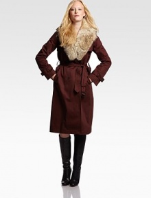 Classic double-breasted trench styling, topped with a lush coyote fur shawl collar.Natural coyote fur collar is removableEpauletsDouble-breasted button frontGun-flapSelf-beltFlap pocketsBack ventAbout 42 from shoulder to hemCottonDry cleanImported Fur origin: USA Classic double-breasted trench styling, topped with a lush coyote fur shawl collar.Natural coyote fur collar is removableEpauletsDouble-breasted button frontGun-flapSelf-beltFlap pocketsBack ventAbout 42 from shoulder to hemCottonDry cleanImported Fur origin: USA