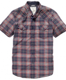 Check classic cool style off your list with this plaid shirt from Guess. Check classic cool style off your list with this plaid shirt from Guess.