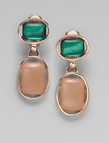This elegant design features glossy resin cabochons set in 24k goldplated brass and pewter. 24k goldplated brass/pewterResinDrop, about 2½Clip-on backMade in USA This elegant design features glossy resin cabochons set in 24k goldplated brass and pewter. 24k goldplated brass/pewterResinDrop, about 2½Clip-on backMade in USA