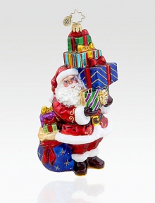 An artisan-crafted Christmas collectible in mouthblown glass, individually handpainted and glitter-dusted with one-of-a-kind charm you'll cherish forever. Tempered glass resists breakage 5 long Imported 