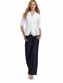 THE LOOKNotched collarThree-button frontThree-quarter sleeves with tab-and-button cuffsFront flap patch pocketsSide flap patch pocketsTies at waistTHE FITAbout 26 from shoulder to hemTHE MATERIALCottonCARE & ORIGINDry cleanImportedModel shown is 5'11 (180cm) wearing US size 4. THE LOOKNotched collarThree-button frontThree-quarter sleeves with tab-and-button cuffsFront flap patch pocketsSide flap patch pocketsTies at waistTHE FITAbout 26 from shoulder to hemTHE MATERIALCottonCARE & ORIGINDry cleanImportedModel shown is 5'11 (180cm) wearing US size 4.