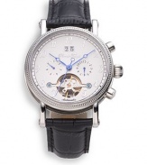 THE LOOKRound stainless steel case, 38mm (1.5)Textured bezelWhite chronograph dial with transparent detailNumeral hour markersTransparent case backBlack croc-print leather strapWater resistant to 3 ATMTHE MATERIALStainless steelCroc-print leatherORIGINImported