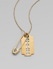 This edgy design features a sleek razor blade pendant on a ball chain necklace. BrassLength, about 19Pendant size, about 1½ Lobster clasp closureImported This edgy design features a sleek razor blade pendant on a ball chain necklace. BrassLength, about 19Pendant size, about 1½ Lobster clasp closureImported