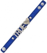 True love at first sight. BCBGeneration's affirmation bracelet is crafted from silver-tone mixed metal on a blue glitter band for a look you'll fall for over and over again. Approximate length: 8 inches.