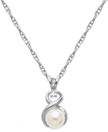 Get into the loop. This pendant, crafted from 10k white gold, dazzles with a cultured freshwater pearl (6-1/2 mm) and diamond accents for a stunning touch. Approximate length: 18 inches. Approximate drop: 3/4 inch.Get Get into the loop. This pendant, crafted from 10k white gold, dazzles with a cultured freshwater pearl (6-1/2 mm) and diamond accents for a stunning touch. Approximate length: 18 inches. Approximate drop: 3/4 inch.Get