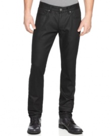 Dark territory. These black wash coated jeans add sleek style to your denim look. Dark territory. These black wash coated jeans add sleek style to your denim look.