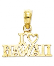 One of the most beautiful places on earth is now the subject of a beautiful keepsake! This 14 gold charm reads I (Heart) Hawaii with gleaming brilliance. Chain not included. Approximate drop length: 3/5 inch. Approximate drop width: 3/5 inch. One of the most beautiful places on earth is now the subject of a beautiful keepsake! This 14 gold charm reads I (Heart) Hawaii with gleaming brilliance. Chain not included. Approximate drop length: 3/5 inch. Approximate drop width: 3/5 inch.