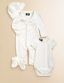 Softest jersey, subtly printed with the designers' initials and edged in picot trim.Long sleeve romper with button front and snap legs Short sleeve bodysuit with back snap closures and snap bottom Hat with fold-over brim Cuffed booties Cotton Machine wash Imported Softest jersey, subtly printed with the designers' initials and edged in picot trim.Long sleeve romper with button front and snap legs Short sleeve bodysuit with back snap closures and snap bottom Hat with fold-over brim Cuffed booties Cotton Machine wash Imported
