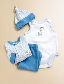 You will love your little one in this matching four-piece bodysuit, jacket, pants and hat set adorned with darling, embroidered giraffes and colorful stripes. Bodysuit Envelope necklineSleevelessBottom snaps Cardigan CrewneckLong sleevesSnap front Pants Elastic waistbandCottonMachine washImported Please note: Number of snaps may vary depending on size ordered. You will love your little one in this matching four-piece bodysuit, jacket, pants and hat set adorned with darling, embroidered giraffes and colorful stripes. Bodysuit Envelope necklineSleevelessBottom snaps Cardigan CrewneckLong sleevesSnap front Pants Elastic waistbandCottonMachine washImported Please note: Number of snaps may vary depending on size ordered.