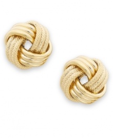 Symbolic and stylish. These triple love knot stud earrings provide the perfect romantic accent. Crafted in 14k gold. Approximate diameter: 9 mm. Symbolic and stylish. These triple love knot stud earrings provide the perfect romantic accent. Crafted in 14k gold. Approximate diameter: 9 mm.