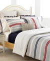 Show your stripes! Featuring a yarn-dyed herringbone and twill weave in stripes of navy, red and ivory, the Tommy Hilfiger Newport Bay comforter set renews your bed in classic American style. Reverses to navy pinstripe print. Sham features side button closure.