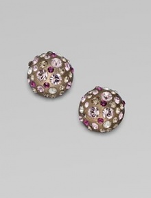 From the Lucite Lavender Dust Collection. A warm grey dome of hand-sculpted, hand-painted Lucite, richly set with faceted Swarovski crystals in soft pastels.LuciteCrystalDiameter, about ½Post backMade in USA From the Lucite Lavender Dust Collection. A warm grey dome of hand-sculpted, hand-painted Lucite, richly set with faceted Swarovski crystals in soft pastels.LuciteCrystalDiameter, about ½Post backMade in USA
