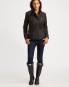 Quilted to perfection, this resin-coated cotton jacket features shoulder and elbow patches and convenient pockets. Corduroy trim along collarShoulder patchesElbow patchesConcealed front zipperSnap closureFlap, patch and welt pocketsAbout 25 from shoulder to hemBody: 90% cotton/10% resinLining: 65% polyester/35% cottonFilling: polyesterMachine washImported Model shown is 5'10 (177cm) wearing US size 4. 