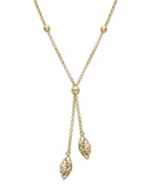Elaborate your neckline with the perfect lariat necklace. Crafted in 14k gold, this unique design features subtle beaded details and two delicate, marquise-shaped drops. Approximate length: 17 inches. Approximate drop: 2 inches. Elaborate your neckline with the perfect lariat necklace. Crafted in 14k gold, this unique design features subtle beaded details and two delicate, marquise-shaped drops. Approximate length: 17 inches. Approximate drop: 2 inches.