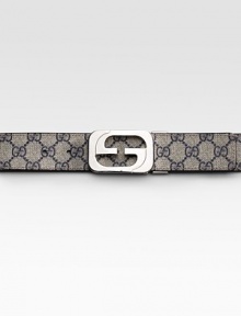 Signature GG-plus fabric with leather trim and interlocking G palladium buckle. About 1½ wide Made in Italy Signature GG-plus fabric with leather trim and interlocking G palladium buckle. About 1½ wide Made in Italy