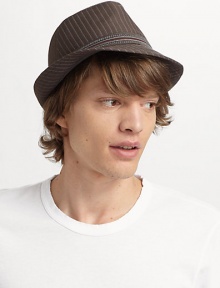 Cool pinstripes and an embroidered band make an instant headliner that goes from casual to dressy affairs.Brim, 1¼ W Logo on the band Fully lined Cotton Imported Cool pinstripes and an embroidered band make an instant headliner that goes from casual to dressy affairs.Brim, 1¼ W Logo on the band Fully lined Cotton Imported