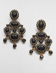 An elegant style with cabochons accented with faceted stones. ResinPewter and brassDrop, about 3.75Clip-on backMade in USA An elegant style with cabochons accented with faceted stones. ResinPewter and brassDrop, about 3.75Clip-on backMade in USA