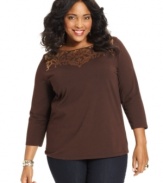 Let your casual style shine this season with Jone New York Signature's three-quarter-sleeve plus size top, finished by a sequined neckline. (Clearance)