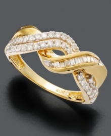 Sweeping swirls and contrasting cuts create a ring of intrigue. Set in 14k gold, ring features bands of round-cut and baguette-cut diamonds (1/2 ct. t.w.). Sweeping swirls and contrasting cuts create a ring of intrigue. Set in 14k gold, ring features bands of round-cut and baguette-cut diamonds (1/2 ct. t.w.).