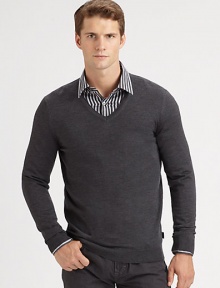 Slim-fit extra-fine merino wool sweater with contrast color detail at inside collar trim.V-neckRibbed knit cuffs and hemWoolDry cleanImported