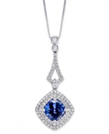 Sparkling perfection. This chic, cushion-shaped pendant features a tanzanite center stone (1 ct. t.w.) surrounded by rows of round-cut diamonds (1/3 ct. t.w.). Set in 14k white gold. Approximate length: 18 inches. Approximate drop: 1 inch. Sparkling perfection. This chic, cushion-shaped pendant features a tanzanite center stone (1 ct. t.w.) surrounded by rows of round-cut diamonds (1/3 ct. t.w.). Set in 14k white gold. Approximate length: 18 inches. Approximate drop: 1 inch.