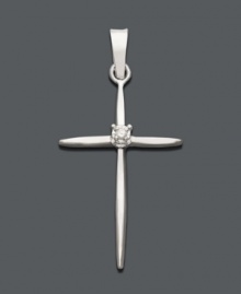 Symbolic style in simple form. This slim line cross pendant features an extra sparkling touch with a round-cut diamond accent at center. Crafted in 14k white gold. Approximate drop width: 1/2 inch. Approximate drop length: 1 inch.