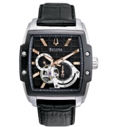 Perfection in every detail. Watch by Bulova crafted of black croc-embossed leather strap and square stainless steel case with black bezel. Black grid-patterned dial features applied rose-gold tone stick indices, two rose-gold tone hands, three subdials and logo. Automatic movement. Water resistant to 30 meters. Three-year limited warranty.