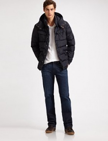A lightweight answer to winter's winds and temperatures, shaped in channel-quilted nylon with an easy fit and drawstring hood. Zip front with snap storm flapSnap throat tabDrawstring hoodChest, waist flap pocketsContrast liningAbout 27 from shoulder to hemPolyamideDry cleanImported A lightweight answer to winter's winds and temperatures, shaped in channel-quilted nylon with an easy fit and drawstring hood. Zip front with snap storm flapSnap throat tabDrawstring hoodChest, waist flap pocketsContrast liningAbout 27 from shoulder to hemPolyamideDry cleanImported