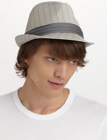 Sophisticated pinstripes pattern this trendy accessory with a contrast band and topstitched brim.Brim, 1 W Fully lined 46% polyester/29% cotton/25% viscose Imported Sophisticated pinstripes pattern this trendy accessory with a contrast band and topstitched brim.Brim, 1 W Fully lined 46% polyester/29% cotton/25% viscose Imported