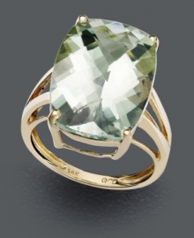 Get cocktail-chic style in an instant. This glamorous ring features a large cushion-cut green quartz (12 ct. t.w.) set in 14k gold. Get cocktail-chic style in an instant. This glamorous ring features a large cushion-cut green quartz (12 ct. t.w.) set in 14k gold.