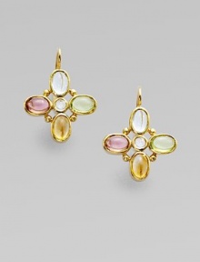 Five softly-hued semi-precious stones are richly framed in 18k gold.Aquamarine, pink tourmaline, peridot, citrine, blue moonstone 18k gold Length, about 1 Hinge backs Made in Italy Five softly-hued semi-precious stones are richly framed in 18k gold.Aquamarine, pink tourmaline, peridot, citrine, blue moonstone 18k gold Length, about 1 Hinge backs Made in Italy