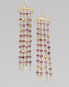 A four-strand fringe design dangles tiny beads of pink tourmaline and 18k gold from a polished 14k gold bar.Pink tourmaline 14k and 18k yellow gold Length, about 3 Ear wire Imported