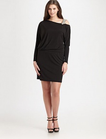 An enchanting design with an inspirational beaded shoulder strap and feminine ruching throughout the bodice for a flattering look. Round neckBeaded strapLong sleevesFully linedAbout 23 from natural waist95% polyester/5% spandexDry cleanMade in USA of imported fabric An enchanting design with an inspirational beaded shoulder strap and feminine ruching throughout the bodice for a flattering look. Round neckBeaded strapLong sleevesFully linedAbout 23 from natural waist95% polyester/5% spandexDry cleanMade in USA of imported fabric