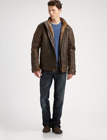 Warm shearling adds signature comfort and style to a motorcycle-styled leather bomber. Zip frontSide zip pocketsShearling lining About 29 from shoulder to hemLambskin leatherDry cleanImportedFur lining: China