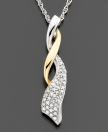 A ribbon of luxurious round-cut diamonds (1/5 ct. t.w.) intertwines with a stream of 14k gold in this beautiful two-tone pendant. Approximate length: 18 inches. Approximate drop: 1 inch. A ribbon of luxurious round-cut diamonds (1/5 ct. t.w.) intertwines with a stream of 14k gold in this beautiful two-tone pendant. Approximate length: 18 inches. Approximate drop: 1 inch.
