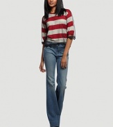 Striped, three-quarter sleeve design beautified by semi-sheer tulle with lace trim. Crewneck Tulle overlay Three-quarter sleeves Lace at cuffs and hem 50% viscose/45% nylon/5% cashmere Dry clean Made in Italy
