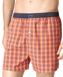 Pick this pair for its Halloween theme . . . or as another witty plaid to add to your collection. Orange-and-black boxer shorts from Tommy Hilfiger styled with a button fly and contrast elastic waist. Pick this pair for its Halloween theme . . . or as another witty plaid to add to your collection. Orange-and-black boxer shorts from Tommy Hilfiger styled with a button fly and contrast elastic waist.