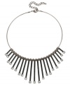 Look haute under this frontal collar necklace from Haskell. Crafted from hematite-tone mixed metal, the necklace sticks out from the crowd with a unique fringe, as well as glass crystal accents and beads. Approximate length: 13 inches + 3-inch extender. Approximate drop: 2 inches.