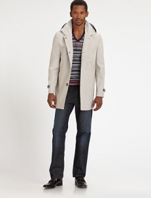 EXCLUSIVELY OURS. Clean, streamlined silhouette destined to be an outerwear staple for any well-dressed man.ButtonfrontAttached hoodSide slash pocketsRear ventAbout 33 from shoulder to hem90% cotton/10%polyurethaneDry cleanImported EXCLUSIVELY OURS. Clean, streamlined silhouette destined to be an outerwear staple for any well-dressed man.ButtonfrontAttached hoodSide slash pocketsRear ventAbout 33 from shoulder to hem90% cotton/10%polyurethaneDry cleanImported