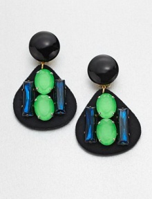 A large, colorful piece with faceted stones in a high-contrast, drop design. Glass and resin stonesPolyurethane coated nylon fabricDrop, about 7 Clip-on backMade in Italy A large, colorful piece with faceted stones in a high-contrast, drop design. Glass and resin stonesPolyurethane coated nylon fabricDrop, about 7 Clip-on backMade in Italy