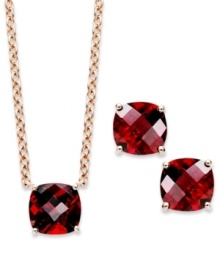 A fun and colorful update to your wardrobe, this matching pendant and earrings set features cushion-cut garnet (5 ct. t.w.) set in 14k rose gold over sterling silver. Approximate length: 18 inches. Approximate drop (pendant): 1/4 inch. Approximate drop (earrings): 1/4 inch.