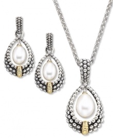 A match made in heaven. Oval-shaped pearls (7x5 mm) serve as the focal point for a sterling silver and 14k gold pendant with 18-chain, and gorgeous matching earrings. Earring drop measures approximately 1 inch. A match made in heaven. Oval-shaped pearls (7x5 mm) serve as the focal point for a sterling silver and 14k gold pendant with 18-chain, and gorgeous matching earrings. Earring drop measures approximately 1 inch.