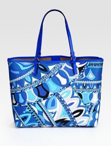 Poolside or beach side, this signature design with calfskin trim will certainly turn heads.Plastic double handlesInternal bag with chain16W X 11HMade in Italy Poolside or beach side, this signature design with calfskin trim will certainly turn heads.Plastic double handlesInternal bag with chain16W X 11HMade in Italy