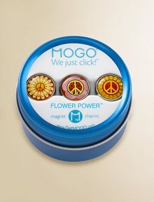 Packaged in a magnetic, reusable gift tin, three beautiful charms click onto any MOGO charm bracelet. With so many styles there is a charm to match every mood!Silvertone and resinMagnetic attachmentSuitable for ages 8 and upImported Please note: Bracelet sold separately. Packaged in a magnetic, reusable gift tin, three beautiful charms click onto any MOGO charm bracelet. With so many styles there is a charm to match every mood!Silvertone and resinMagnetic attachmentSuitable for ages 8 and upImported Please note: Bracelet sold separately.
