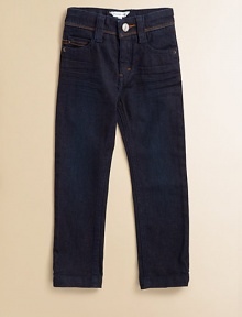 Classic jeans with a classy attitude, in a slim fit with little MJ touches.Waistband with inside adjustable tabs, button close and belt loopsZip flyFront scoop pockets and coin pocket with rivetsFront whiskeringBack patch pockets, one with contrast topstitchingLogo patch at back waistSlim fit99% cotton/1% elastaneMachine washImported Classic jeans with a classy attitude, in a slim fit with little MJ touches.Waistband with inside adjustable tabs, button close and belt loopsZip flyFront scoop pockets and coin pocket with rivetsFront whiskeringBack patch pockets, one with contrast topstitchingLogo patch at back waistSlim fit99% cotton/1% elastaneMachine washImported