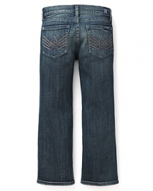 With a roomy, relaxed fit and faded blue wash, he'll fall for these 7 For All Mankind jeans featuring signature A embroidery on the back pocket. With a roomy, relaxed fit and faded blue wash, he'll fall for these 7 For All Mankind jeans featuring signature A embroidery on the back pocket.
