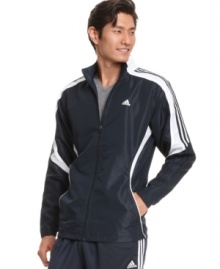 Be a good sport, or at least dress the part, in this laid-back hooded jacket from adidas. Be a good sport, or at least dress the part, in this laid-back hooded jacket from adidas.