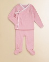 An adorable kimono-style top and pant set in soft cotton jersey.V-neck with hidden snap closureLong sleevesWrap front with ribbon tieSnap closure at hemElastic waistbandCottonMachine washImported Please note: Number of snaps may vary depending on size ordered. 