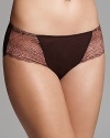 Patterned lace panels lend a soft finish to these high-cut bikini briefs from Wacoal. Style #843217.